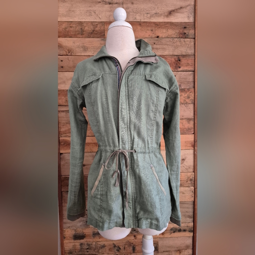 Michael Stars 100% Linen Utility Field Jacket Olive Green Zip Front Cinch Waist